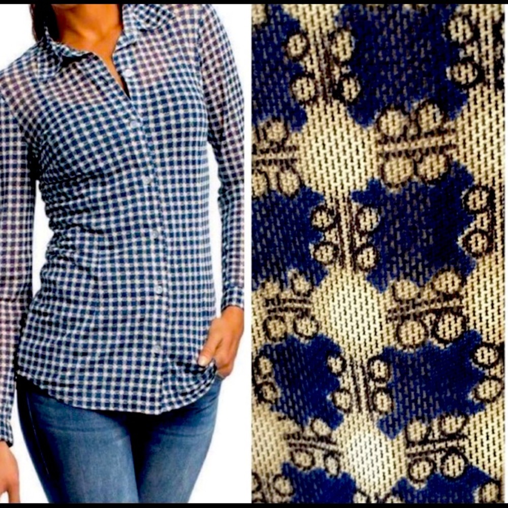 Cabi button down, semi sheer, checked shirt.